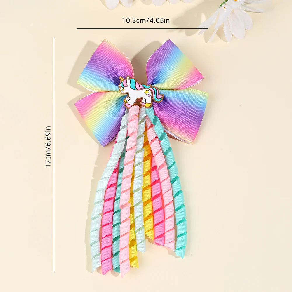 Sweet Unicorn Hair Clips For Girl Bow Barrette Cute Tassel Ribbon Curly Ponytail Hairpins Accessories