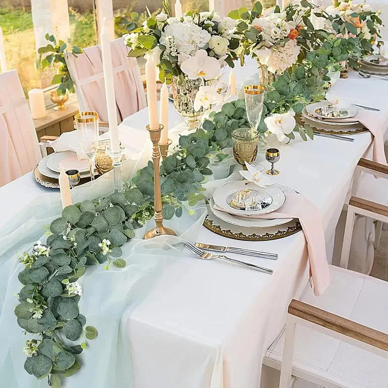 Artificial Eucalyptus Leaves Greenery Garland Faux Plant Spring Vines with White Flowers Berries for Wedding Home Party Decor