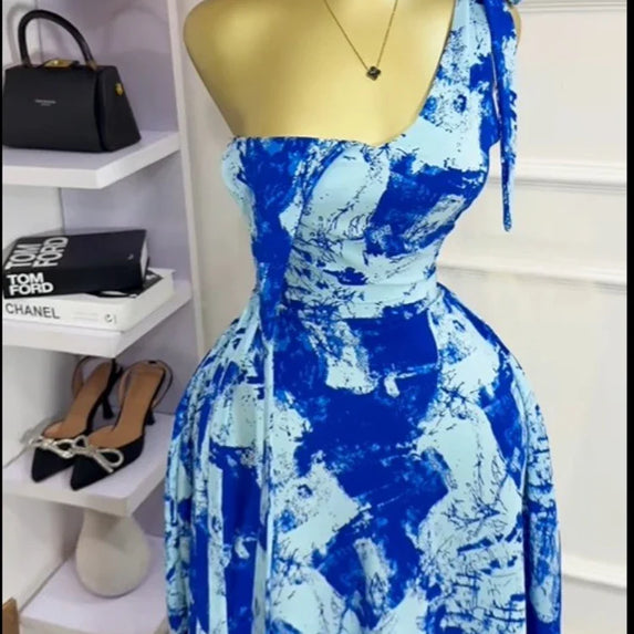 CM.YAYA Women Tie Dye Sleeveless Bowknot Strap V-neck A-line Midi Dress 2025 Summer Vacation Birthday Sexy Party Street Dresses