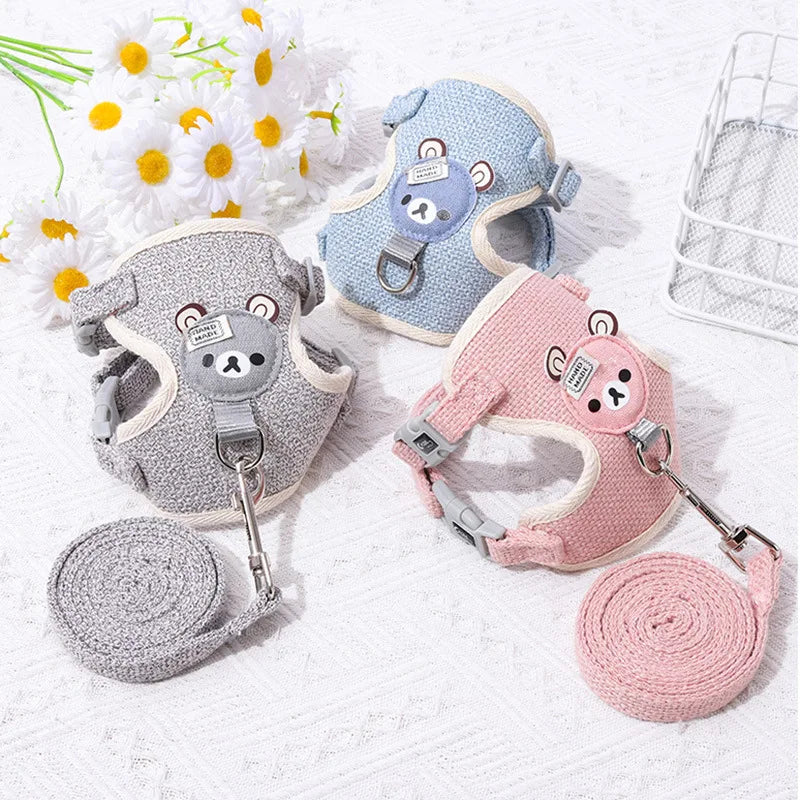 Adjustable Bear Decoration Dog Vest Chest Harness Breathable Pet Cat Harness Leash Set Teddy Small Dog Walking Rope