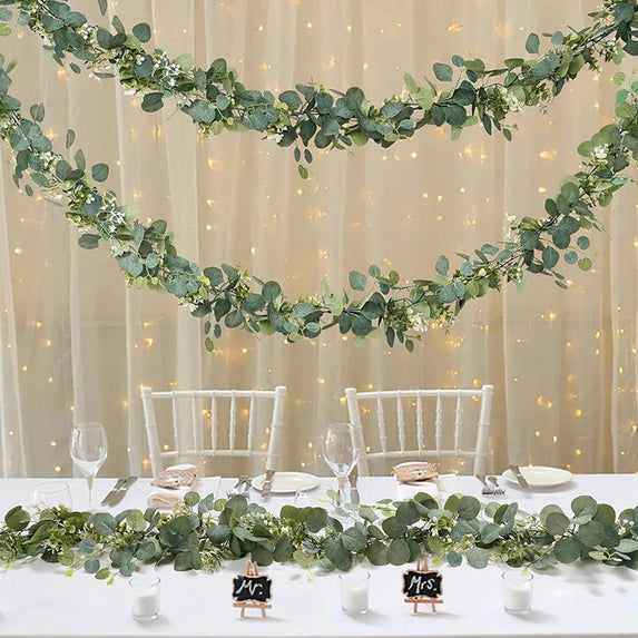 Artificial Eucalyptus Leaves Greenery Garland Faux Plant Spring Vines with White Flowers Berries for Wedding Home Party Decor