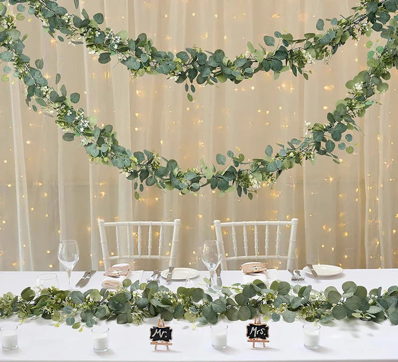 Artificial Eucalyptus Leaves Greenery Garland Faux Plant Spring Vines with White Flowers Berries for Wedding Home Party Decor
