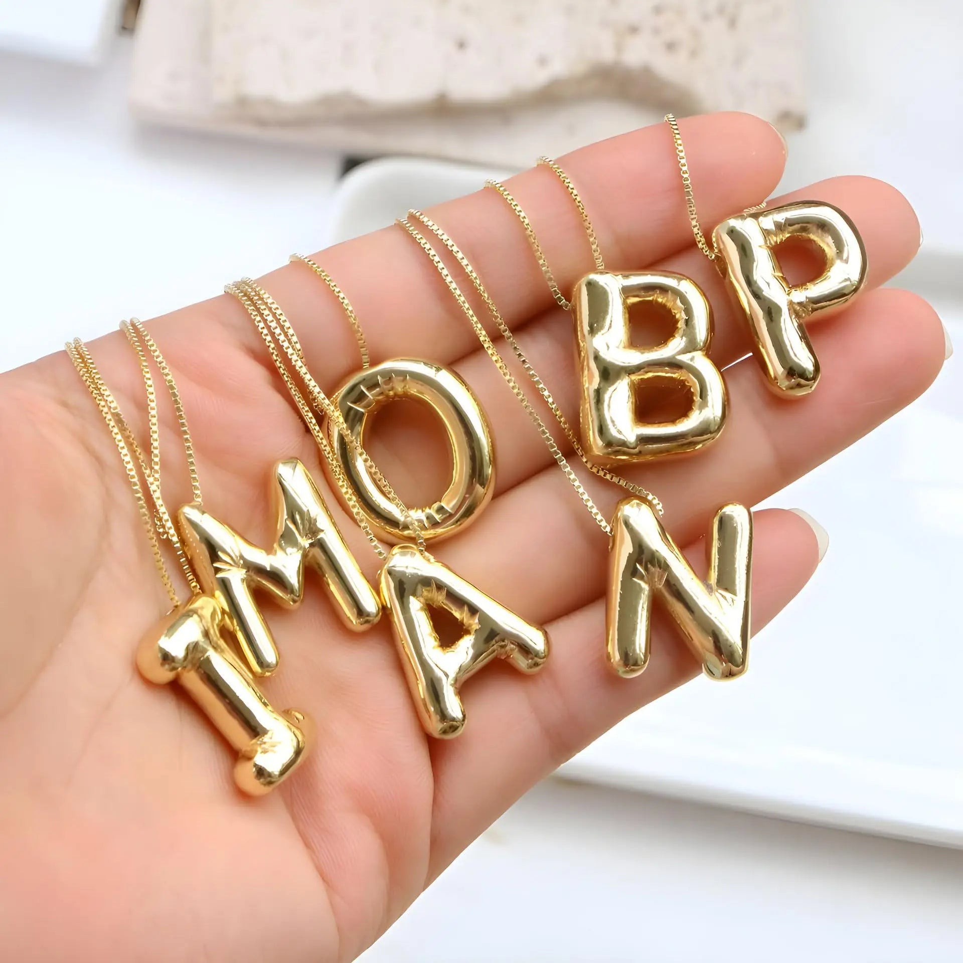 LATS Gold Plated Metal Chunky Alphabet Balloon Bubble Initial Letter Pendant Necklace for Women Men Boy Fashion Jewelry