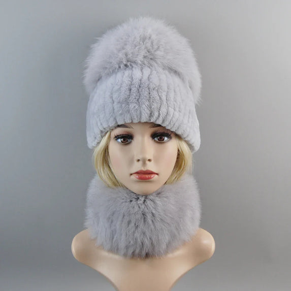 Luxury Women Winter Luxury Real Rex Rabbit Fur Hat Scarf 2 Pieces Knitted Rex Rabbit Fur Hat Top Natural Fox Fur Cap Scarves Set