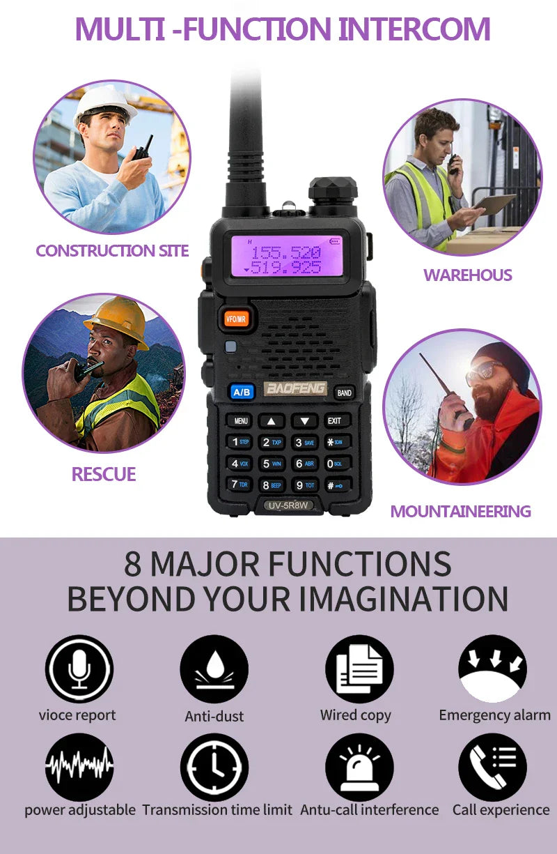 Baofeng Walkie Talkie UV 5R 5W 8W Dual Band Ham Two Way Radio Vhf Uhf FM Radio Handheld Transceiver Hunting 16KM