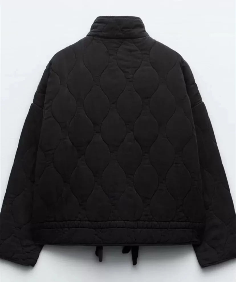 ZW Women's Cotton Jacket Traf 2024 New Arrival Vintage Lenzing Rayon High Collar Large Pocket Decorative Quilted Coat for Women