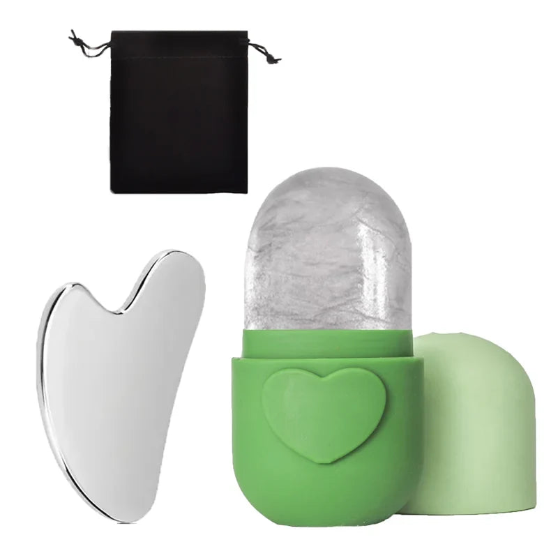 3-piece facial cleansing tool, stainless steel heart-shaped scraping tool, ice facial roller, a flannel bag