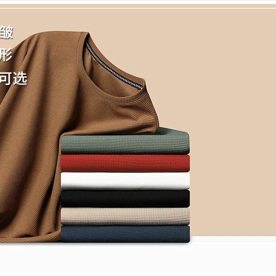 New Summer Waffle Round Neck Short Sleeved T-shirt for Men's Short Sleeved Top