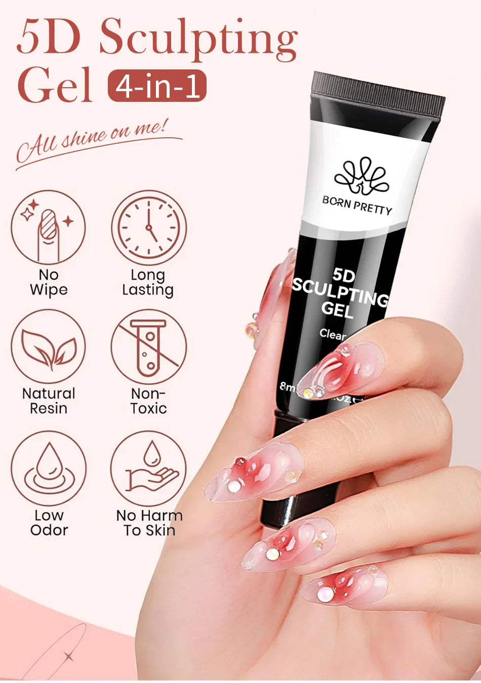 BORN PRETTY 2Pcs/Set 8ml 5D Sculpting Gel with Solid Mirror Powder DIY Nail Embossing Gel for Painting Carving Nails