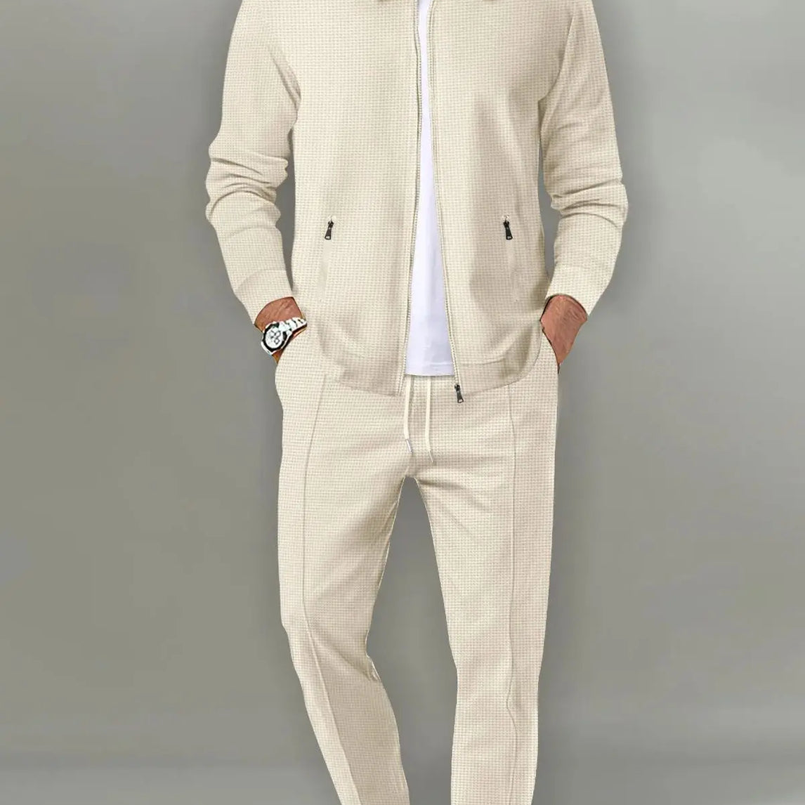 New Men's Jacket POLO Shirt 2 sets Long Sleeve Casual Fashion Commercial Breathable lapel, Pants pull Rope Solid Color Men 2 set