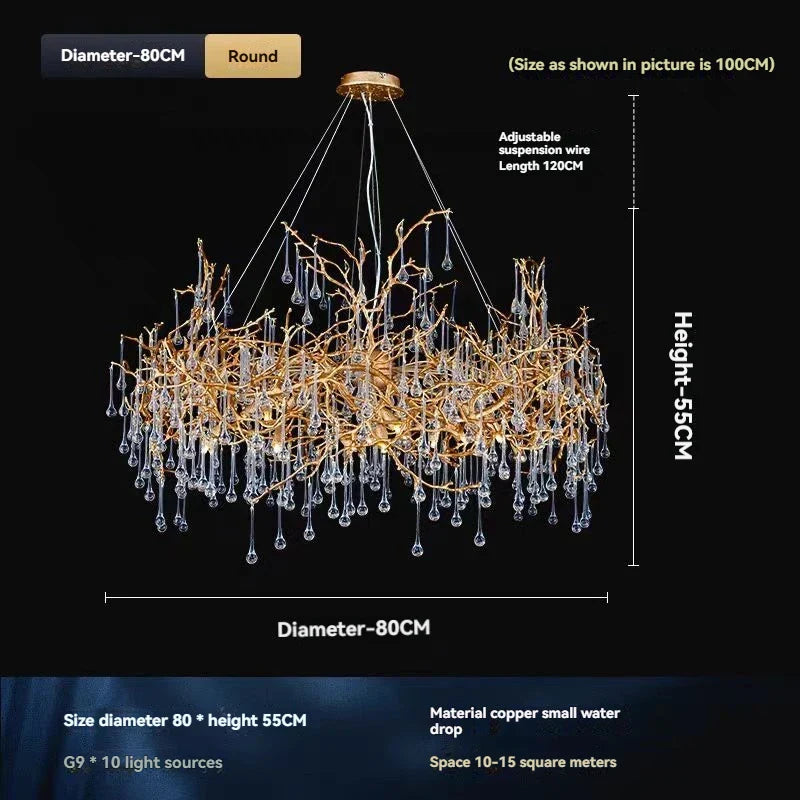 Copper Crystal Chandeliers Luxury Living Room Pendant Light French Villa Atmospheric Pendant Light Restaurant Light Hotel