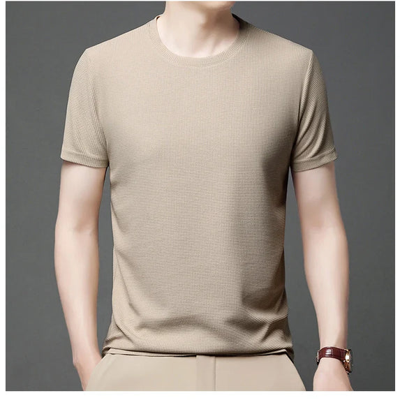 New Summer Waffle Round Neck Short Sleeved T-shirt for Men's Short Sleeved Top