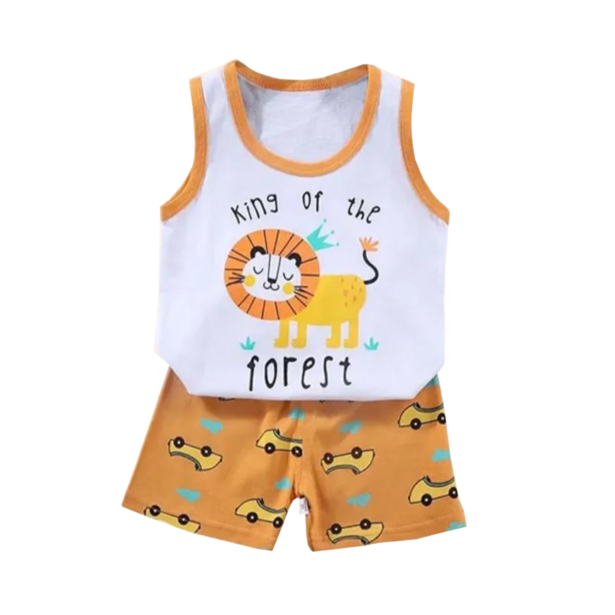 Cartoon Lion Pajamas Vest+Shorts 2-Piece Clothing Set Summer Kids Baby Boys Girls Cotton Casual Tracksuit Clothes Suit 1-6 Years