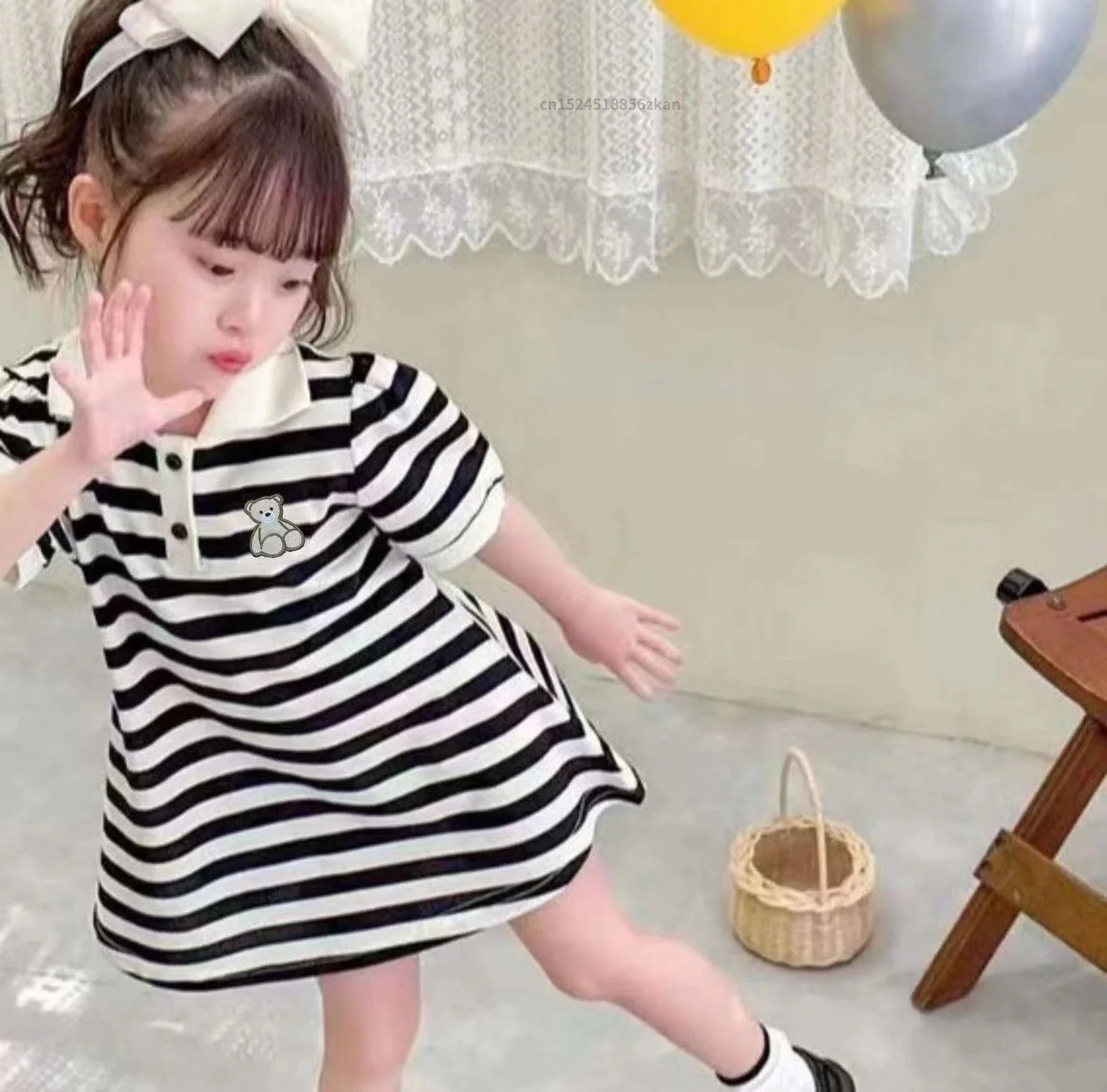 Summer Girl Dress Bear Embroidered Polo Neck Dresses Striped A-line Skirt Princess Skirt Soft and Comfortable Children Clothes
