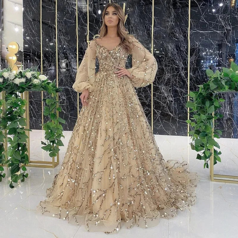 Luxurious Gold Embellished Evening Gown Sexy Lady Queen Atmosphere Long Dress New 2025 Heavy Workmanship Elegant Women's Dress