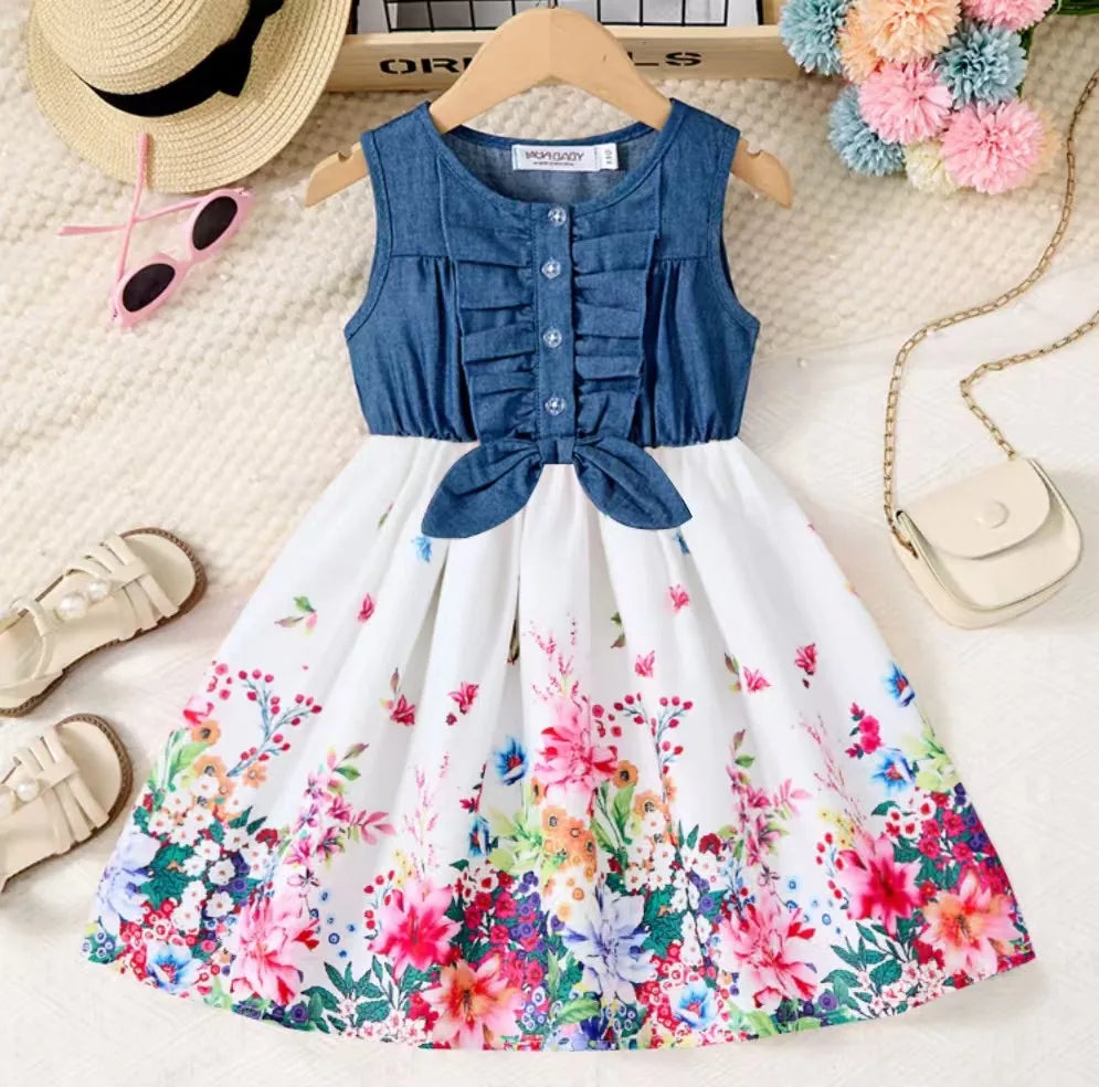 2-10Y Print Splicing Flower Dress Children's Birthday Ruffled Sleeveless Floral Princess Summer Dresses For Baby Sweet Girls
