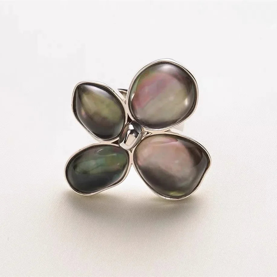 Luxury Pearl Shell Earring Ring Brooch Jewelry Set, Natural Stone Ring & Flower Earring,Women's Elegant Clothing Decoration Gift