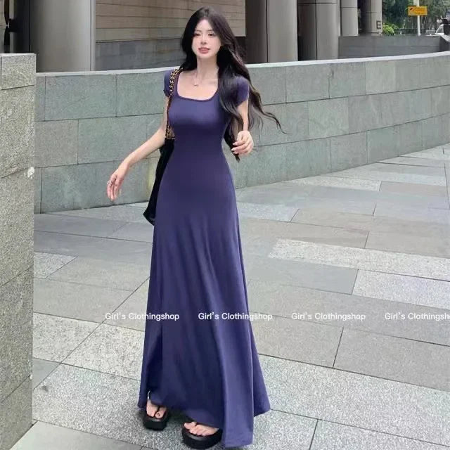Elegant High-end Feel French Style Square Collar Short Sleeves Dress Slimming Women's Waist-fitted Long Skirt