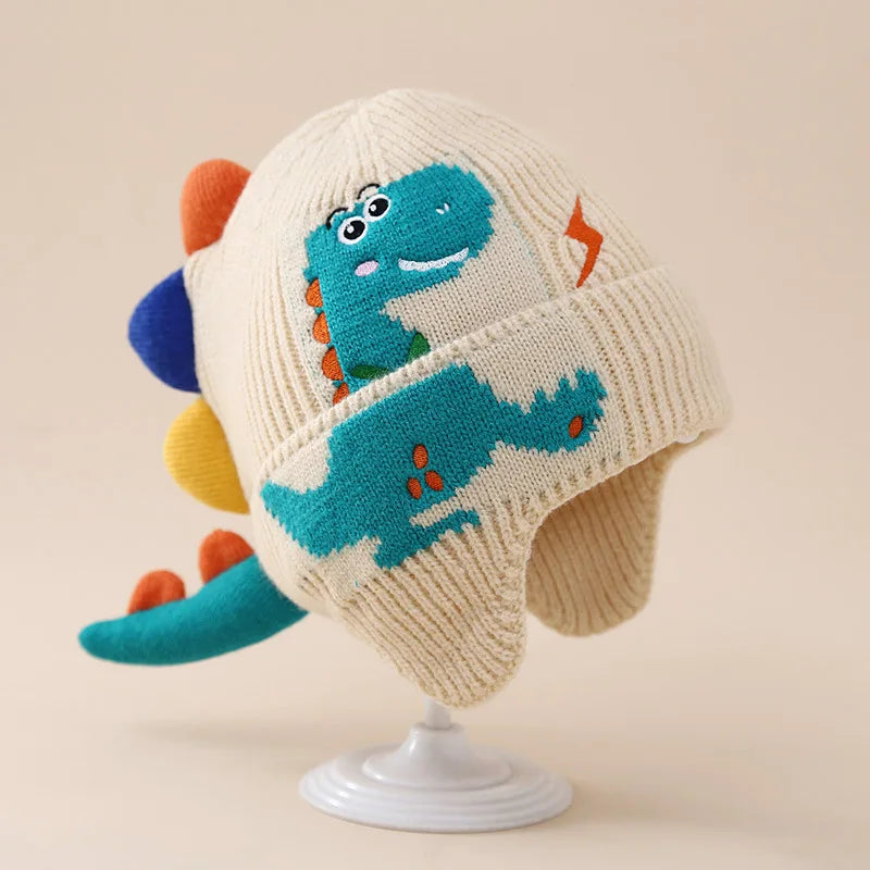 Winter Warm Baby Ear Protection Hat 3D Dinosaur Kids Earmuffs Cap Cartoon Toddler Woolen Knitted Hats 2-6 Years Children Beanies