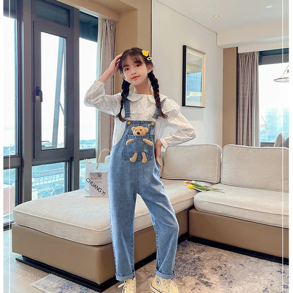 2024 Spring Autumn Children Denim Bib Jumpsuit Pockets with Bear Kids Overalls Jeans for Girls Teenage Girls Suspender Trousers