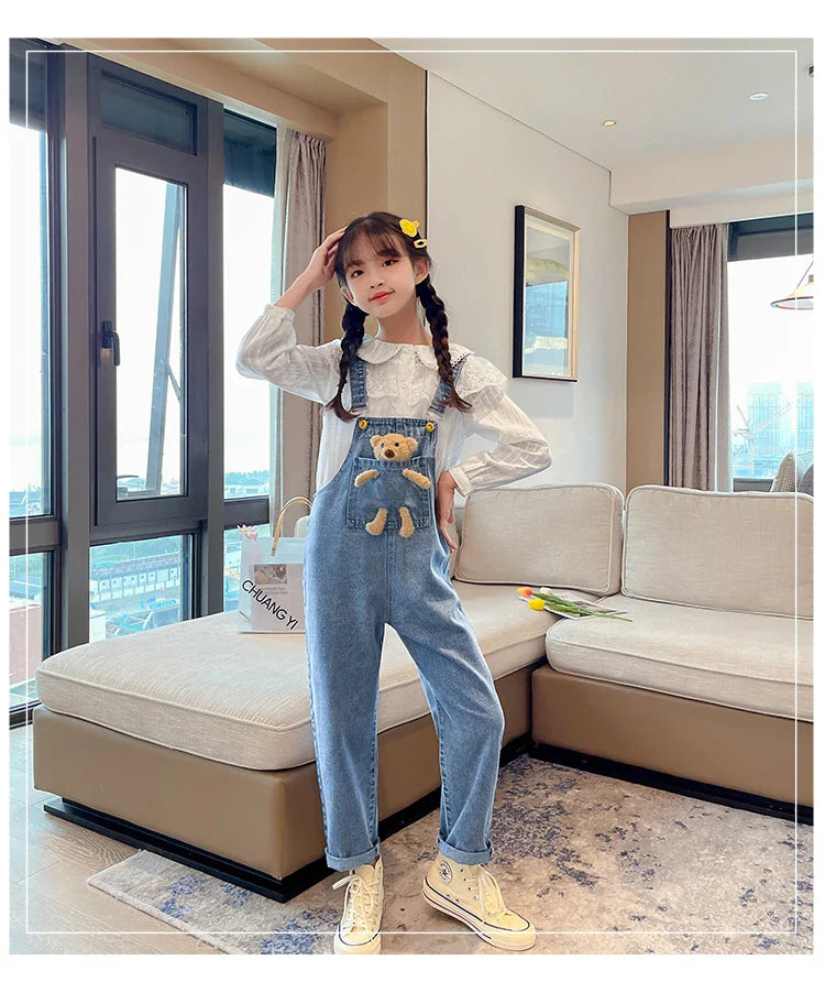 2024 Spring Autumn Children Denim Bib Jumpsuit Pockets with Bear Kids Overalls Jeans for Girls Teenage Girls Suspender Trousers