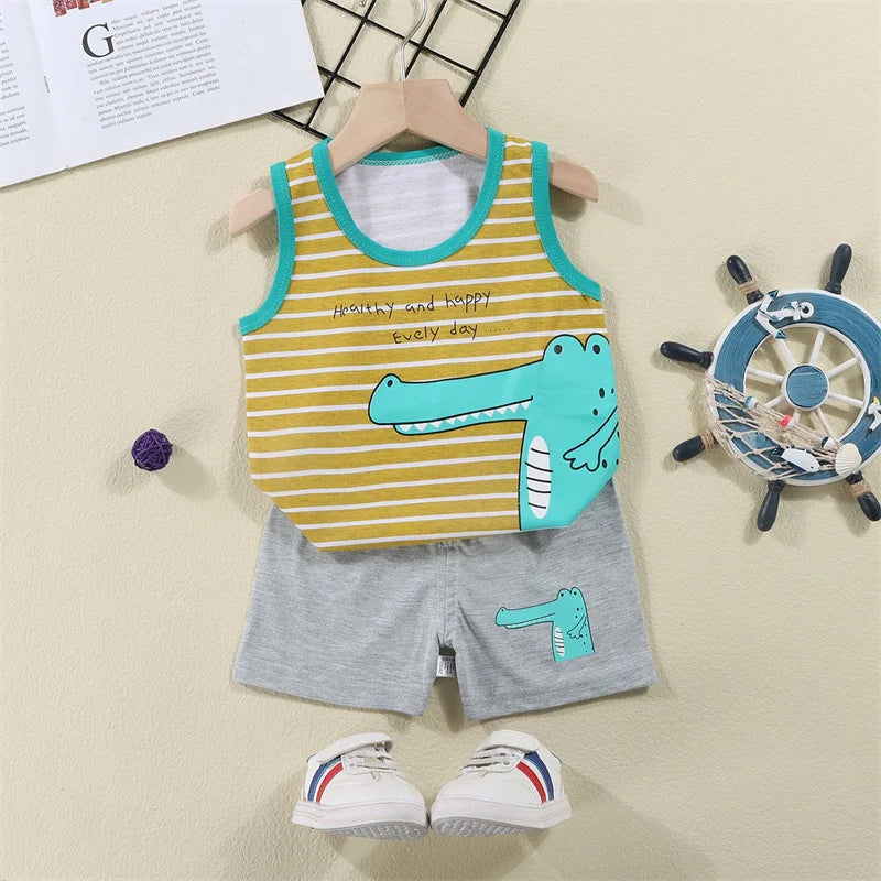 Cartoon Lion Pajamas Vest+Shorts 2-Piece Clothing Set Summer Kids Baby Boys Girls Cotton Casual Tracksuit Clothes Suit 1-6 Years