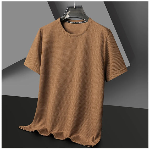New Summer Waffle Round Neck Short Sleeved T-shirt for Men's Short Sleeved Top