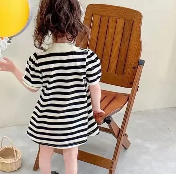 Summer Girl Dress Bear Embroidered Polo Neck Dresses Striped A-line Skirt Princess Skirt Soft and Comfortable Children Clothes
