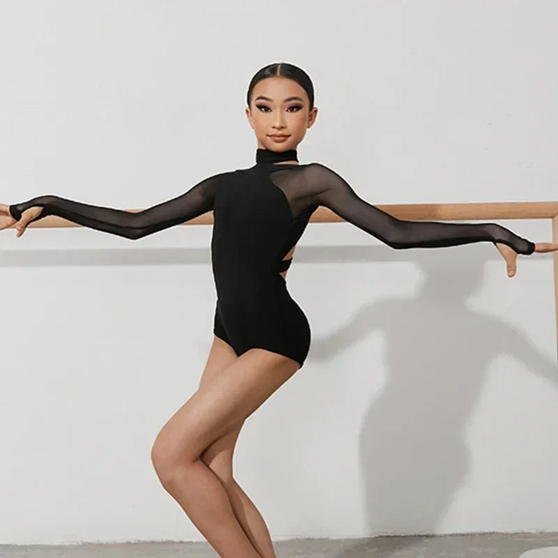 Black Latin Dance Clothing Jumpsuit Girls Long Sleeves Leotard Latin Tops Ballroom Dance Performance Wear Cha Cha Bodysuit Child