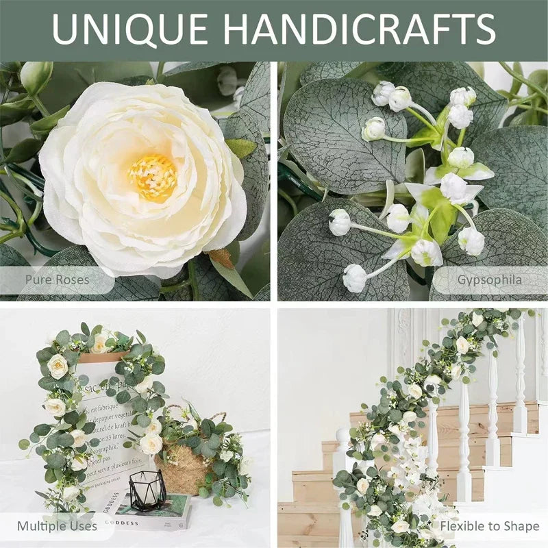 Artificial Eucalyptus Leaves Greenery Garland Faux Plant Spring Vines with White Flowers Berries for Wedding Home Party Decor