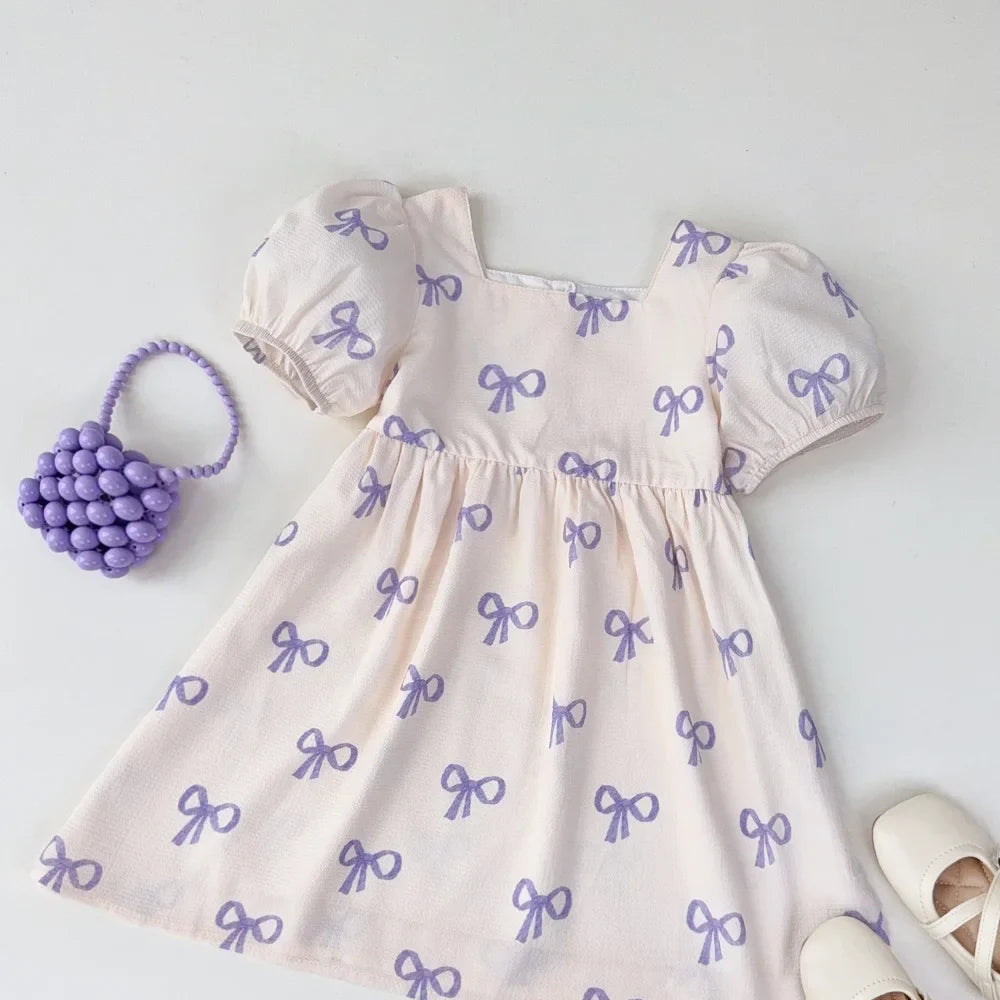 Bear Leader Short Sleeved Girls Clothing Summer New Bow Print Casual Dresses Sweet and Cute Kids Clothes for 3-7 Years Wear