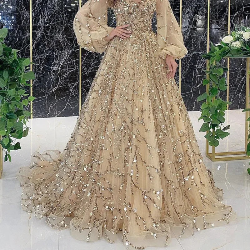 Luxurious Gold Embellished Evening Gown Sexy Lady Queen Atmosphere Long Dress New 2025 Heavy Workmanship Elegant Women's Dress