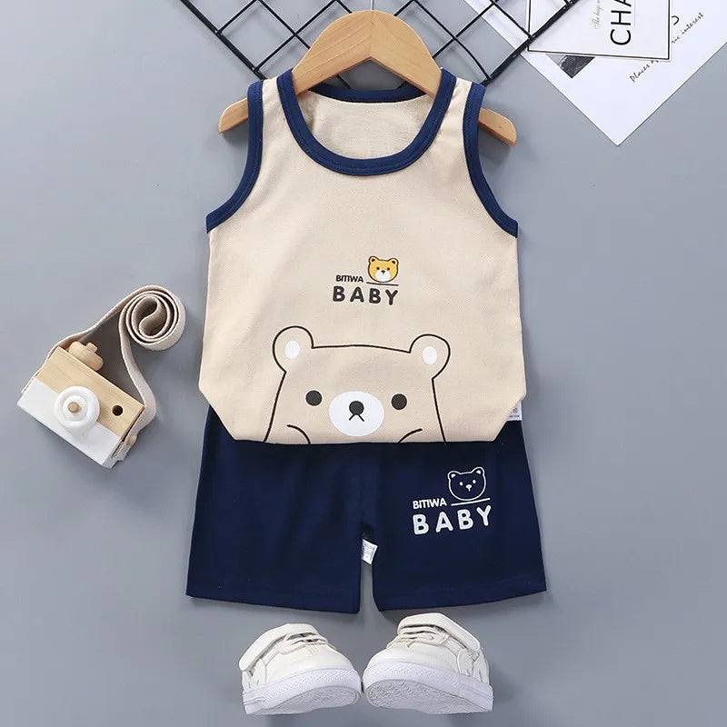 Cartoon Lion Pajamas Vest+Shorts 2-Piece Clothing Set Summer Kids Baby Boys Girls Cotton Casual Tracksuit Clothes Suit 1-6 Years