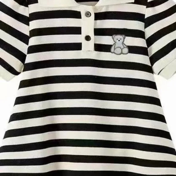 Summer Girl Dress Bear Embroidered Polo Neck Dresses Striped A-line Skirt Princess Skirt Soft and Comfortable Children Clothes