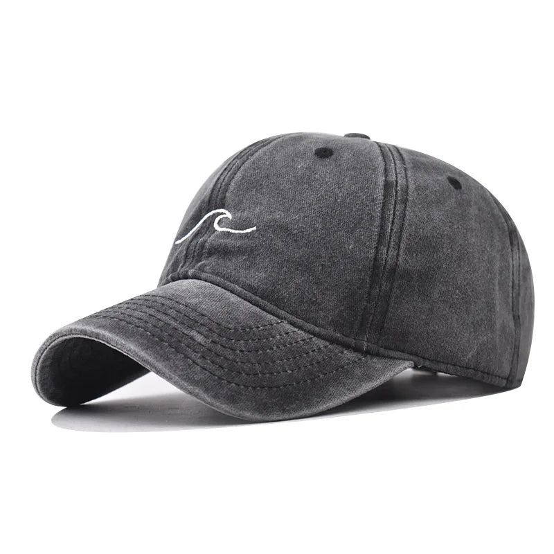 Wave Ripple Embroidery Baseball Cap Solid Color Washed Cotton Dad Hats Simple Vintage Hip Hop Hats For Women Men Snapback Caps