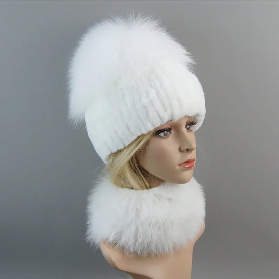 Luxury Women Winter Luxury Real Rex Rabbit Fur Hat Scarf 2 Pieces Knitted Rex Rabbit Fur Hat Top Natural Fox Fur Cap Scarves Set