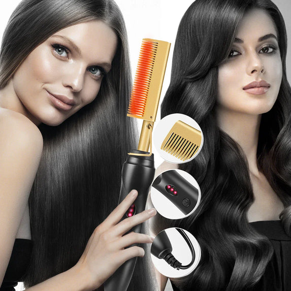 2 in1 Hot Comb Hair Straightener Electric Heating Comb Fast Heating Portable Travel Anti-Scald Beard Straightener Press Hot Comb