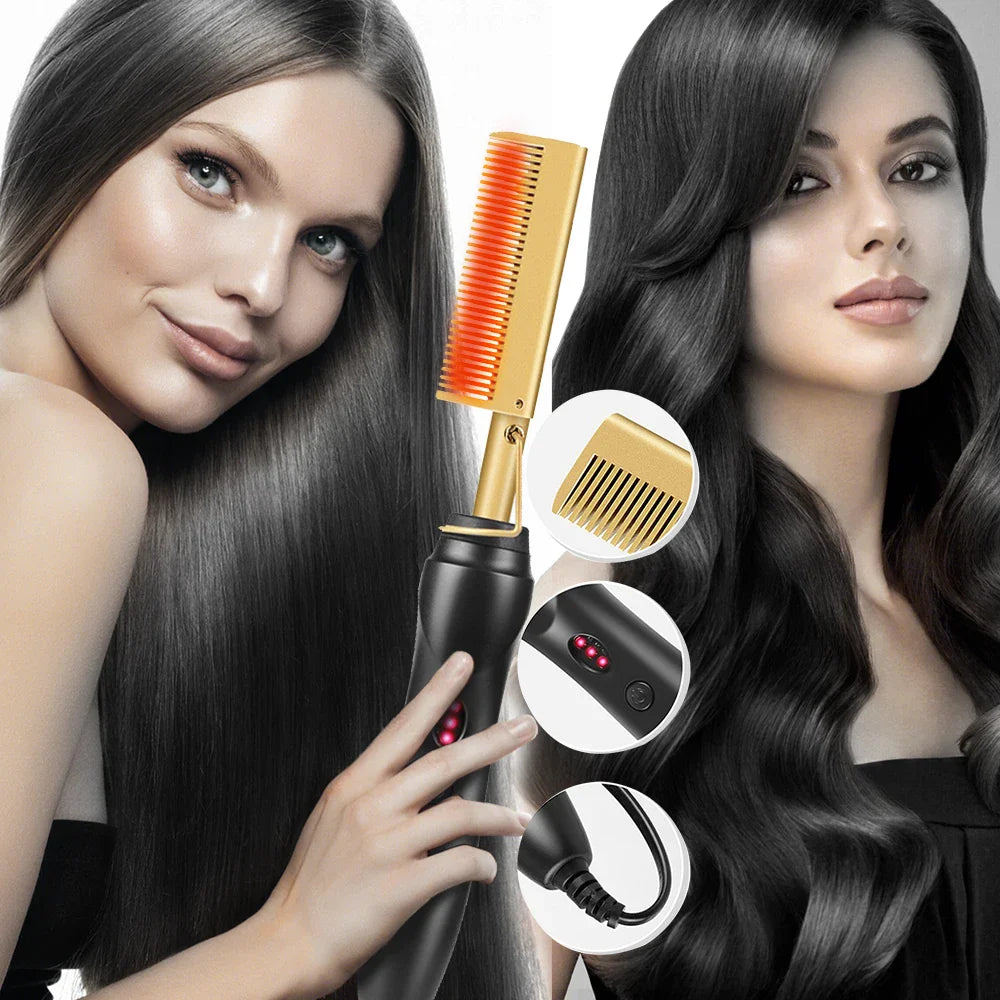 2 in1 Hot Comb Hair Straightener Electric Heating Comb Fast Heating Portable Travel Anti-Scald Beard Straightener Press Hot Comb