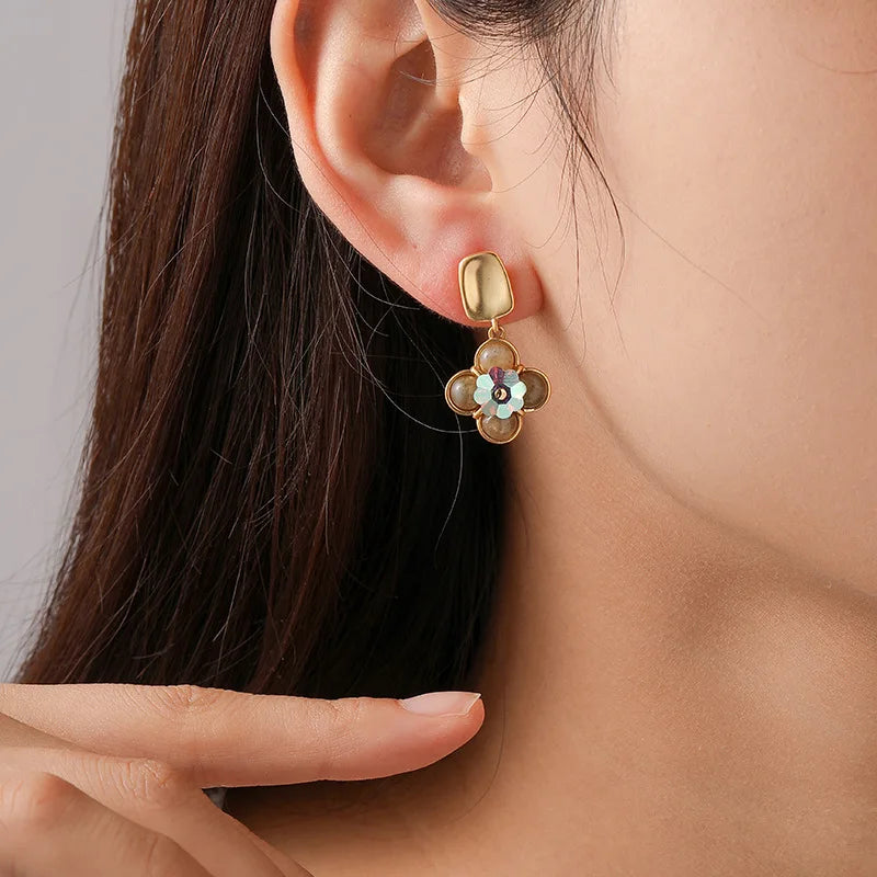 Luxury Pearl Shell Earring Ring Brooch Jewelry Set, Natural Stone Ring & Flower Earring,Women's Elegant Clothing Decoration Gift