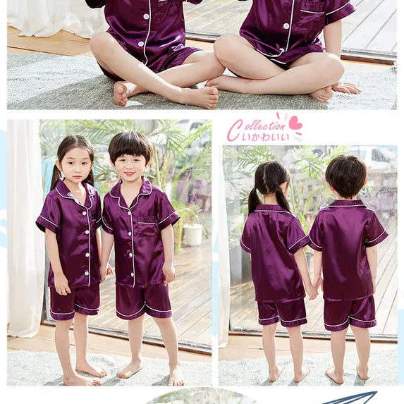 Summer Short Sleeve Satin Pajamas Silk Fabric Girls Sleepwear Boys Nightwear Solid Children's Pajama Sets Pyjamas Boy Baby Wear