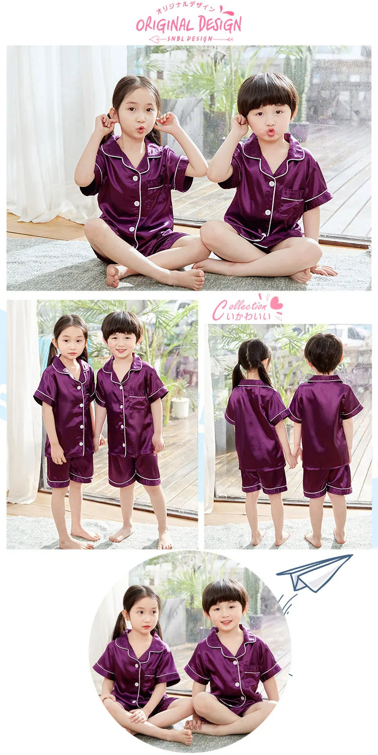Summer Short Sleeve Satin Pajamas Silk Fabric Girls Sleepwear Boys Nightwear Solid Children's Pajama Sets Pyjamas Boy Baby Wear