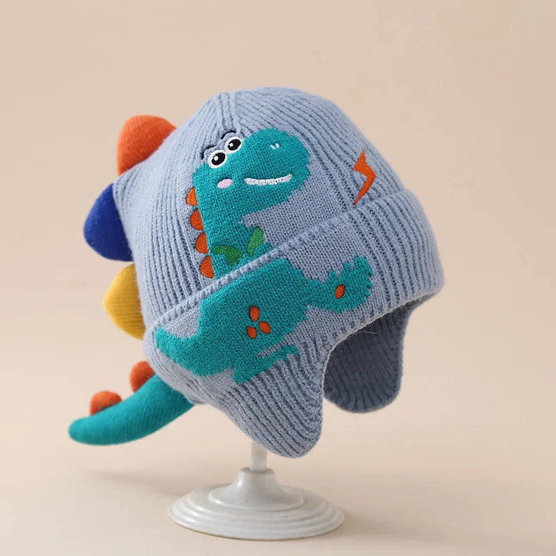 Winter Warm Baby Ear Protection Hat 3D Dinosaur Kids Earmuffs Cap Cartoon Toddler Woolen Knitted Hats 2-6 Years Children Beanies