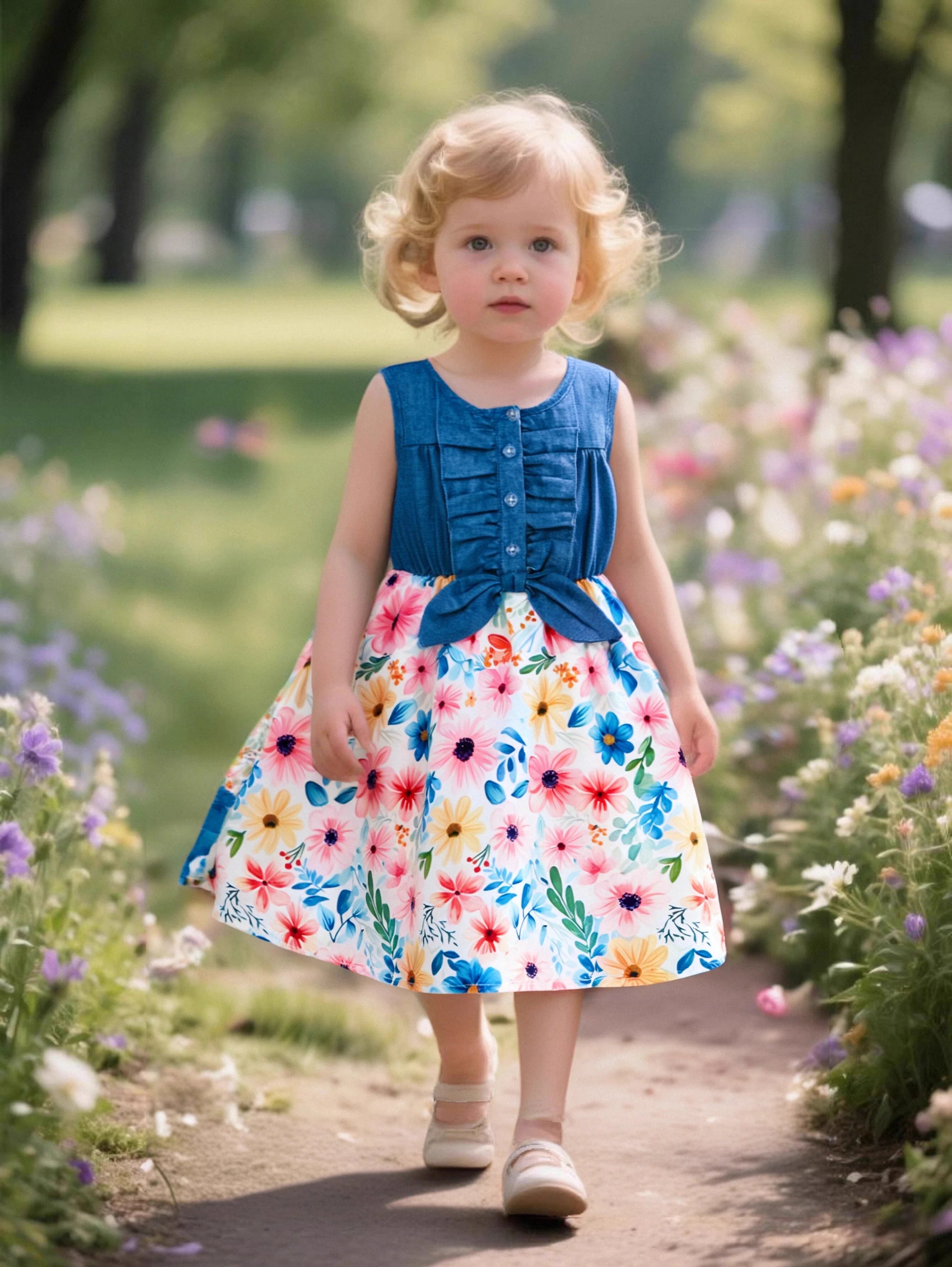 2-10Y Print Splicing Flower Dress Children's Birthday Ruffled Sleeveless Floral Princess Summer Dresses For Baby Sweet Girls