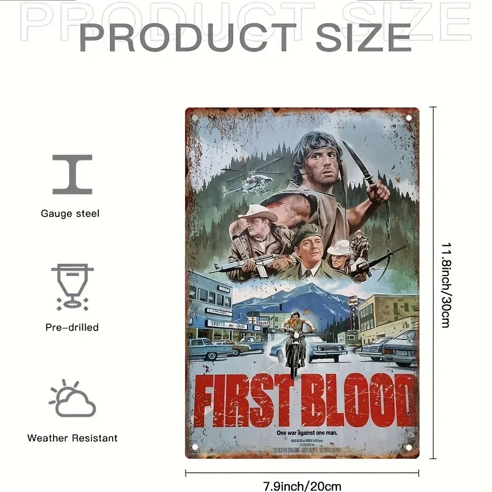 RamboNostalgiaCo Vintage "First Blood" Metal Sign | Aluminum Wall Art | Pre-Drilled for Home, Cafe & Holiday Decor | Ideal