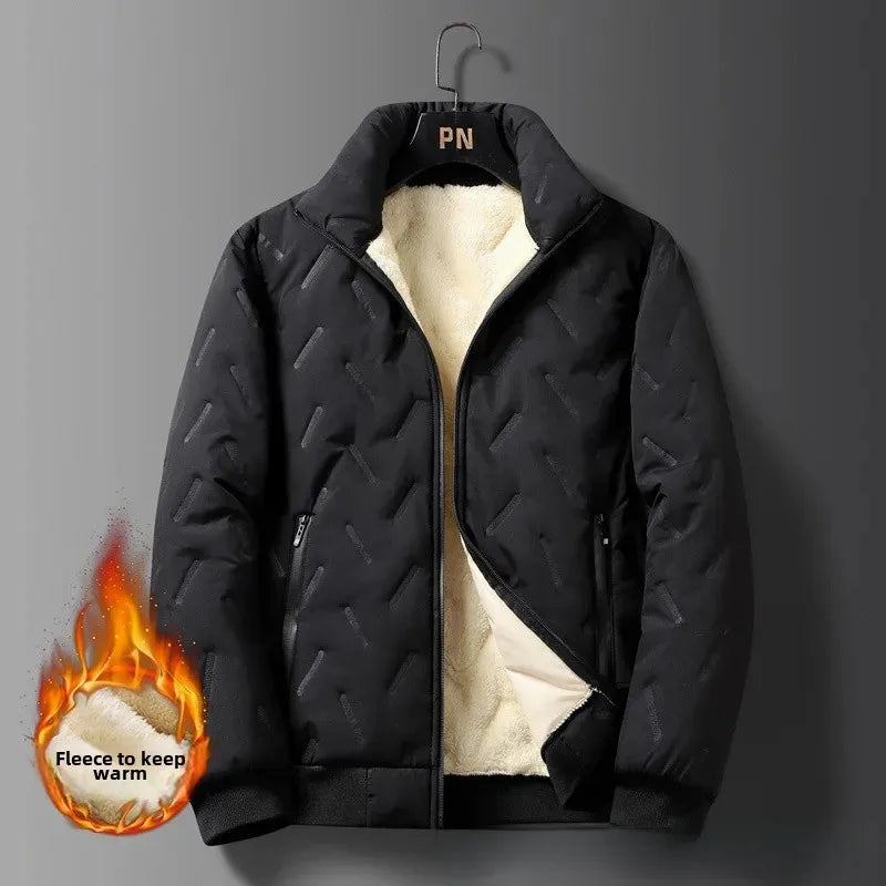 Men's Cotton Jacket Lamb Velvet Winter Loose Outerwear Fleece Lined Thick Warm Windproof Stand Collar Casual Jacket