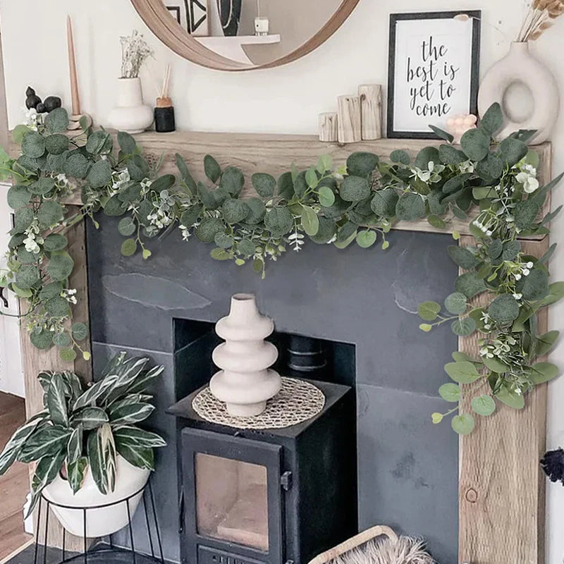 Artificial Eucalyptus Leaves Greenery Garland Faux Plant Spring Vines with White Flowers Berries for Wedding Home Party Decor