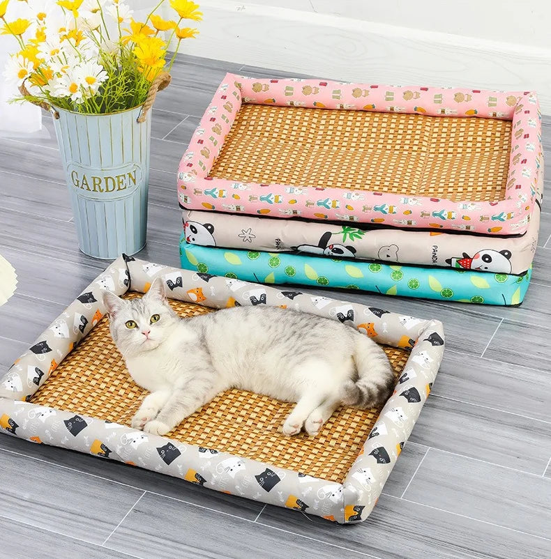 Summer Cat Beds Pet Cooling Mat Pad Lightweight Breathable Rattan Pet Bed Cooling Ice Nest for Small Animal Dogs Supplies