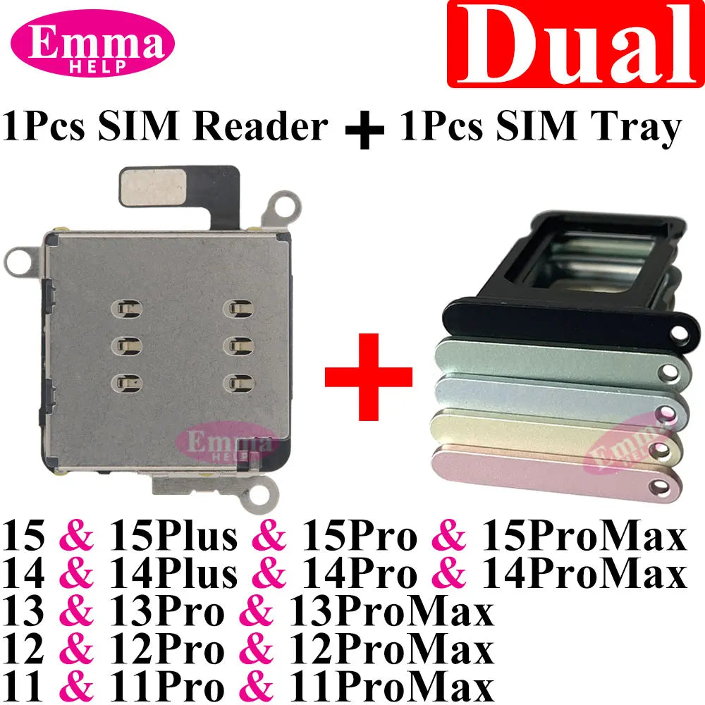 EmmaHelp 1set Dual Sim Card Reader Connector Flex Cable + Tray Slot Holder Adapter for iPhone 11 12 13 14 15 Pro Max XR XSMax