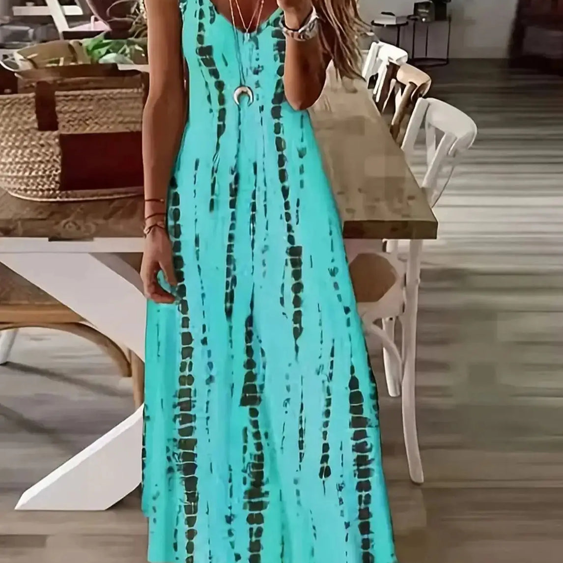 Women's Casual Loose V-neck Tie Dye Printed Spaghetti Maxi Dress Summer Beach Vacation Long Dress
