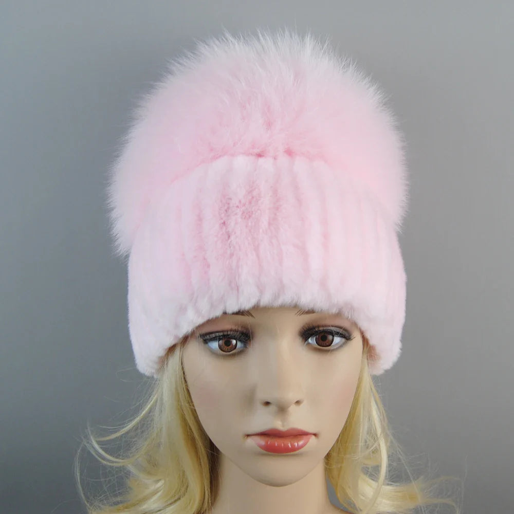 Luxury Women Winter Luxury Real Rex Rabbit Fur Hat Scarf 2 Pieces Knitted Rex Rabbit Fur Hat Top Natural Fox Fur Cap Scarves Set